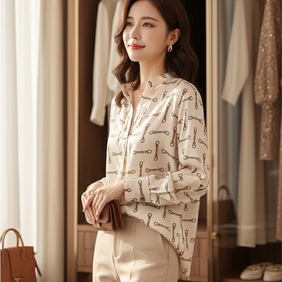 Zara Tops - ZARA BASIC Cream Chain Link Print V-Neck Satin Blouse